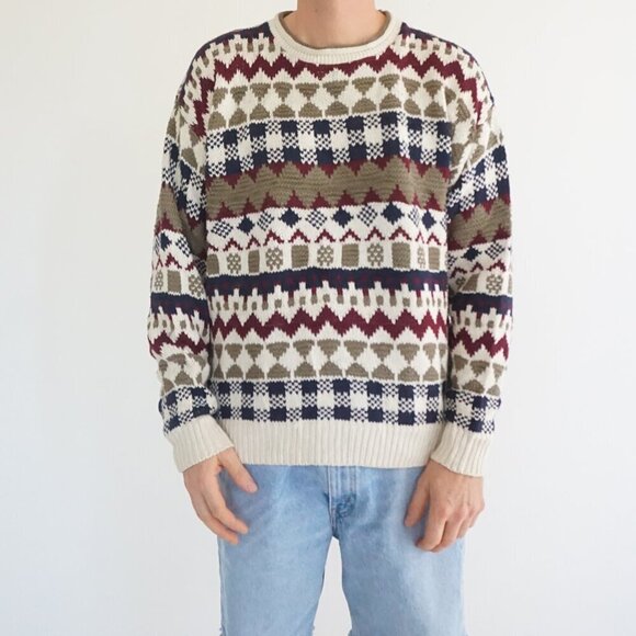 Other - Vintage Adirondack beige navy cotton knit geometric sweater Cabincore Retro M